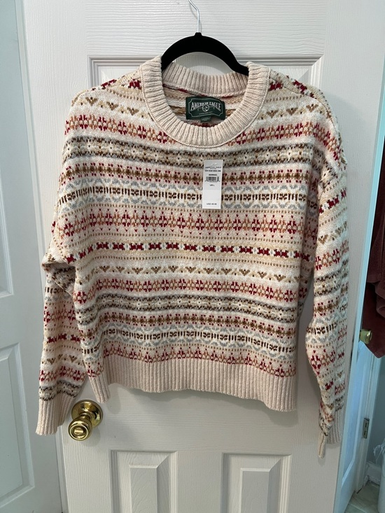 American Eagle Outfitters Sweaters - American Eagle Outfitters Cream Fair Isle Crew Sweater with Red and Tan Accents